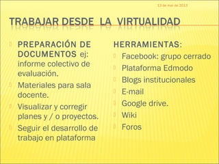 13 de mar de 2013




   PREPARACIÓN DE            HERRAMIENTAS:
    DOCUMENTOS ej:             Facebook: grupo cerrado
    informe colectivo de       Plataforma Edmodo
    evaluación.
                               Blogs institucionales
   Materiales para sala
                               E-mail
    docente.
                               Google drive.
   Visualizar y corregir
    planes y / o proyectos.    Wiki

   Seguir el desarrollo de    Foros

    trabajo en plataforma
 