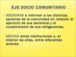    ASESORAR e informar a los distintos
    sectores de la comunidad en relación al
    ejercicio de sus derechos y el
    cumplimiento de sus obligaciones.

   MEDIAR entre instituciones o, al
    interior de ellas, entre diferentes
    actores.
 