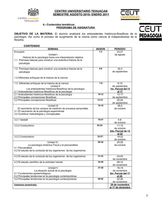 CENTRO UNIVERSITARIO TEHUACAN
                                      SEMESTRE AGOSTO 2010- ENERO 2011


                            4.- Contenidos temáticos:
                                       PROGRAMA DE ASIGNATURA

OBJETIVO DE LA MATERIA: El alumno analizará los antecedentes históricos-filosóficos de la
psicología. Así como el proceso de surgimiento de la misma como ciencia al independizarse de la
filosofía.

         CONTENIDO
                                 SEMANA                                SESION        PERIODO
Encuadre                                                                 1-3           23-27
                                  Unidad I                                           de agosto
        Historia de la psicología hacia una interpretación objetiva
1.1 Premisas básicas para construir una autentica historia de la
    psicología

1.2 Premisas básicas para construir una autentica historia de la         4-6           30-3
    psicología                                                                     de septiembre

1.2 Diferentes enfoques de la historia de la ciencia

1.3 Diferentes enfoques de la historia de la ciencia                     7-9            6-10
                                   Unidad II                                       de septiembre
            Los antecedentes históricos-filosóficos de la psicología             1er. Parcial de1 8
2.1 Antecedentes históricos-filosóficos de la psicología                                al 17
2.1 Antecedentes históricos-filosóficos de la psicología                10-12          13-17
2.2 Principales concepciones filosóficas                                           de septiembre
2.2 Principales concepciones filosóficas                               13-15           20-24
                                                                                   de septiembre
                                Unidad III                              16-18           28-2
   El nacimiento de los campos de medición de procesos sensoriales                   de octubre
3.1 El nacimiento de la psicología experimental
3.2 Contribuir metodologías y conceptuales

3.2.1 Gestalt                                                           19-21           4-8
                                                                                    de octubre
3.2.2 Conductismo                                                      22-24           11-15
                                                                                    de octubre
                                                                                 2do. Parcial de 13
                                                                                       al 22
3.2.2 Conductismo                                                       25-27.         19-22
                                                                                    de octubre
                                Unidad IV.                              28-30          25-29
              La psicología dinámica Freud y el psicoanálisis                       de octubre
4.1 Psicoanálisis
4.2 El estudio de la conducta de los organismos de los organismos

4.2 El estudio de la conducta de los organismos de los organismos       31-33           03-05
                                                                                    de noviembre
4.3 El estudio científico de la actividad mental                        34-36           08-12
                                                                                    de noviembre
                                Unidad V                                37-39           16-19
                   La situación actual de la psicología                             de noviembre
5.1 Fundamentos epistemológicos                                                  3er. Parcial del 17
5.2 Principales tendencias en la psicología contemporánea                               al 26
5.2 Principales tendencias en la psicología contemporánea               40-42           22-26
                                                                                    de noviembre
Exámenes semestrales                                                              29 de noviembre
                                                                                 al 17 de diciembre


                                                                                                       2
 