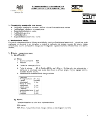 CENTRO UNIVERSITARIO TEHUACAN
                                   SEMESTRE AGOSTO 2010- ENERO 2011




5.- Competencias a desarrollar en el alumno:
    • Habilidades para buscar, procesar y analizar información procedente de fuentes
    • Habilidad para trabajar en forma autónoma.
    • Capacidad de trabajo en equipo
    • Habilidad interpersonal
    • Habilidad creativa
    • Capacidad de expresión oral y escrita

6.- Metodología de trabajo:
El presente curso teórico abarca diversos antecedentes históricos-filosóficos de la psicología , mismos que serán
explicados en sincronía y con ejemplos, se dejará la realización de collage, reportes de lectura, mapas
conceptuales, cuadros comparativos trabajos de investigación, exposiciones tanto del catedrático como de los
alumnos.


7.- Criterios y mecanismos para:
    1. La calificación:

        a)   Final:
              Examen semestral            50%
              Parciales                   30%
                Trabajo de investigación 20%
              Fecha de entrega:       27 de Octubre 2010 a las 5:00 p.m . Revista sobre los antecedentes y
               teorías de la psicología cuya revista debe tener un artículo propio. Tema a agregar son los
               revisados durante el curso.
              Parámetros de la calificación del trabajo: Revista

                 Creatividad:
                 Buena presentación (0. 5 ptos)
                 Calidad               (0.5 ptos)
                 Autenticidad           (1 pto)
                 Manejo de temas:
                 Investigación          (2 pto)
                 Articulo propio        (2 pto)
                 Contenido:
                 Análisis del los temas (2 ptos)
                 Redacción              (1 pto)
                 Ortografía              (1 pto)



        b) Parcial :
             Cada parcial se hará la suma de la siguiente manera
             60% examen
             40 % firmas. Las participaciones, trabajos y tareas se les otorgarán una firma



                                                                                                               3
 