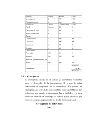 Personal                    Tiempo     Sueldo         Costo
    Investigador                4          600            2400

    Coinvestigadores            2          300            1200
    Materiales                  Unidad     Costo Unidad   Costo
    Papel                       1 ciento   20             20

    Cartuchos de tinta          2          45             45

    Rollos fotográficos         2          15             15
    Equipo
    Computadora                 1          300            300

    Grabadora                   1          200            200

    Impresora                   1          30             30

    Scanner                     1          40             40
    Gasto varios
    Fotocopias                  1000       50             50

    Viáticos                    200        200            200

    Asesoría procesamiento de
    datos.                      400        400            700
                                                          S/ 5200.00

    Imprevistos                                               520.00
                                                          S/ 5720.00


6.3.1. Cronograma
    El cronograma ordena en el tiempo las actividades relevantes
    para el desarrollo de la investigación. El grueso de estas
    actividades se desprende de la metodología. En general, el
    cronograma de actividades es presentado como una tabla con dos
    columnas: una donde se desagregan las actividades y la otra
    donde se localizan en el tiempo (el cual se puede presentar por
    meses o semanas, dependiendo del detalle del cronograma).

                   Cronograma de actividades

                                2010
 