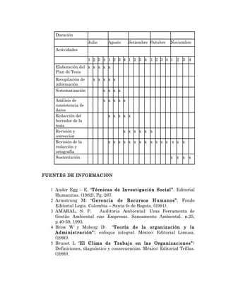 Duración
                      Julio     Agosto    Setiembre Octubre   Noviembre
    Actividades

                      1 2 3 4 1 2 3 4 1 2 3 4 1 2 3 4 1 2 3 4
    Elaboración del x x x x x
    Plan de Tesis
    Recopilación de     x x x x x
    información
    Sistematización           x x x x

    Análisis de               x x x x x
    consistencia de
    datos
    Redacción del               x x x x x
    borrador de la
    tesis
    Revisión y                           x x x x x x
    corrección
    Revisión de la              x x x x x x x x x x x x x x x
    redacción y
    ortografía
    Sustentación                                              x x x x



FUENTES DE INFORMACION


  1 Ander Egg – E. “Técnicas de Investigación Social”. Editorial
    Humanitas. (1982), Pg. 267.
  2 Armstrong M; “Gerencia de Recursos Humanos”. Fondo
    Editorial Legis. Colombia – Santa fe de Bogota, (1991).
  3 AMARAL, S. P.         Auditoria Ambiental: Uma Ferramenta de
    Gestão Ambiental nas Empresas. Saneamento Ambiental. n.25,
    p.40-50, 1993.
  4 Brow W y Moberg D; “Teoría de la organización y la
    Administración”: enfoque integral. México: Editorial Limusa.
    (1990).
  5 Brunet L “El Clima de Trabajo en las Organizaciones”:
    Definiciones, diagnóstico y consecuencias. México: Editorial Trillas.
    (1999).
 