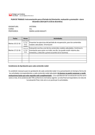 Colegio Las Cumbres
Nivel Medio - secundaria@lascumbres.edu.ar
ASIGNATURA: HISTORIA
CURSO: 3ro.
PROFESOR/A: MARIA LAURA NASJLETI
Fecha Horas Actividades
Martes 10-12-16
7:55 a 9:15
hs. Dos
horas
catedra
Presentar los ejercicios del período de recuperación, para los contenidos
nodales adeudados. Orientación
Martes 17-12-16
7.55-9.15
hs. Dos
horas
Evaluación escrita y oral de los contenidos nodales adeudados. Continúa la
orientación para quien no rinde, ese día. (se puede rendir máximo dos
trimestres, a elección y previo acuerdo con el alumno)
Condiciones de Aprobación para cada contenido nodal:
PLAN DE TRABAJO: Instrumentación para el Período de Orientación, evaluación y promoción - cierre
Diciembre 2019 (del 9 al 20 de diciembre)
Es condición necesaria para la aprobación de cada contenido nodal: 1) La presentación en tiempo y forma de
las actividades correspondientes a cada contenido nodal adeudado (el alumno no podrá comenzar a rendir
evaluaciones hasta que este requisito esté cumplimentado); 2) La aprobación de la evaluación escrita con 6
(seis) o más; 3) la asistencia del 75% conforme la normativa vigente. La nota final corresponderá a la nota de
la evaluación final, más cero o un punto por la actividades.
 