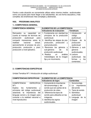 UNIVERSIDAD MAYOR DE SAN ANDRES FAC. DE HUMANIDADES Y CS. DE LA EDUCACIÓN
                         CARRERA CS. DE EDUCACIÓN  UNIDAD DE POST GRADO
                                DIPLOMADO EN EDUCACIÓN SUPERIOR

Frente a esta situación es conveniente utilizar estos mismos medios audiovisuales
como una ayuda para hacer llegar a los estudiantes, de una forma educativa y más
completa, las enseñanzas más complejas y abstractas.

VIII.   PROGRAMA ANALITICO
1.- COMPETENCIA GENERAL
COMPETENCIA GENERAL                      ELEMENTOS DE LA COMPETENCIA
                                         Indicadores de evaluación          Temática/s
Demuestra su capacidad en                 1. Fundamenta con claridad los 1. Introducción      al
cuanto al manejo de técnicas de              principios de la producción       código
producción     audiovisual     para          audiovisual.                      audiovisual.
compartir impresiones sobre la            2. Identifica las etapas de pre- 2. Etapas de la
realidad     nacional        actual,         producción, producción y          producción
aprovechando el proceso de pre-              post-producción.                  audiovisual
producción, producción y post-            3. Reconoce los géneros y 3. Géneros y sub-
producción a nivel aplicativo.               sub-géneros        de       la    géneros
                                             producción audiovisual.           audiovisuales.
                                          4. Realiza       un      análisis 4. Lectura
                                             metodológico de la imagen         audiovisual, las
                                             fija y en movimiento.             formas y los
                                                                               contenidos.



2.- COMPETENCIAS ESPECÍFICAS

Unidad Temática Nº1: Introducción al código audiovisual.

COMPETENCIAS ESPECÍFICAS                 ELEMENTOS DE LA COMPETENCIA
                                         Indicadores de logro               Contenidos
COMPETENCIA           ESPECÍFICA          1. Comprende la importancia       1. Sonomontaje.
Nº1:                                         del sonomontaje y del          2. La    importancia
Explica    los    fundamentos   y            sonido que son partes de la       del sonido
principios del código audiovisual            producción de video.           3. Tipos de sonido
aclarando la importancia del              2. Diferencia los tipos de        4. Semiótica
lenguaje sonoro y la imagen para             sonido para utilizarlos en las    audiovisual
conectar a la realidad nacional a            imágenes.                      5. Lenguaje de la
nivel reproductivo                        3. Identifica los signos             imagen
                                             audiovisuales.
 