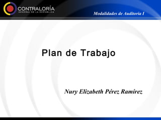 Modalidades de Auditoria I




Plan de Trabajo



    Nury Elizabeth Pérez Ramírez
 