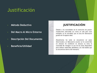 Justificación
• Método Deductivo
• Del Macro Al Micro Entorno
• Descripción Del Documento
• Beneficio/Utilidad
 