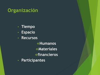 Organización
• Tiempo
• Espacio
• Recursos
Humanos
Materiales
financieros
• Participantes
 