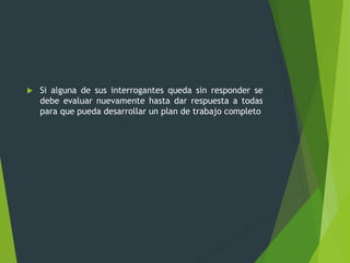  Si alguna de sus interrogantes queda sin responder se
debe evaluar nuevamente hasta dar respuesta a todas
para que pueda desarrollar un plan de trabajo completo
 