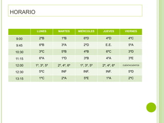 HORARIO
LUNES MARTES MIÉRCOLES JUEVES VIERNES
9:00 2ºB 1ºB 6ºD 4ºD 4ºC
9:45 6ºB 3ºA 2ºD E.E. 5ºA
10:30 3ºC 5ºB 4ºB 6ºC 3ºD
11:15 6ºA 1ºD 3ºB 4ºA 3ºE
12:00 1º, 3º, 5º 2º, 4º, 6º 1º, 3º, 5º 2º, 4º, 6º CUENTACUENTOS
12:30 5ºC INF INF. INF. 5ºD
13:15 1ºC 2ºA 5ºE 1ºA 2ºC
 