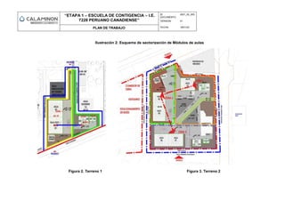 “ETAPA 1 – ESCUELA DE CONTIGENCIA – I.E.
7228 PERUANO CANADIENSE”
ID
DOCUMENTO:
2021_02_003
VERSION: 01
PLAN DE TRABAJO FECHA: 18/01/23
Ilustración 2: Esquema de sectorización de Módulos de aulas
Figura 2. Terreno 1 Figura 3. Terreno 2
 