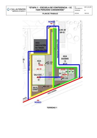 “ETAPA 1 – ESCUELA DE CONTIGENCIA – I.E.
7228 PERUANO CANADIENSE”
ID
DOCUMENTO:
2021_02_003
VERSION: 01
PLAN DE TRABAJO FECHA: 18/01/23
TERRENO 1
 