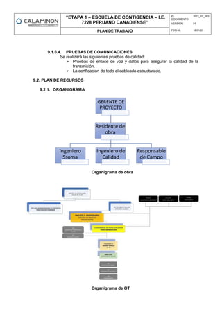 “ETAPA 1 – ESCUELA DE CONTIGENCIA – I.E.
7228 PERUANO CANADIENSE”
ID
DOCUMENTO:
2021_02_003
VERSION: 01
PLAN DE TRABAJO FECHA: 18/01/23
9.1.6.4. PRUEBAS DE COMUNICACIONES
Se realizará las siguientes pruebas de calidad:
 Pruebas de enlace de voz y datos para asegurar la calidad de la
transmisión.
 La certficacion de todo el cableado estructurado.
9.2. PLAN DE RECURSOS
9.2.1. ORGANIGRAMA
Organigrama de obra
Organigrama de OT
GERENTE DE
PROYECTO
Ingeniero
Ssoma
Ingeniero de
Calidad
Responsable
de Campo
Residente de
obra
 