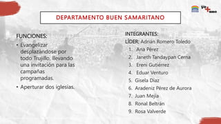 DEPARTAMENTO BUEN SAMARITANO
FUNCIONES:
• Evangelizar
desplazándose por
todo Trujillo, llevando
una invitación para las
campañas
programadas.
• Aperturar dos iglesias.
INTEGRANTES:
LÍDER: Adrián Romero Toledo
1. Ana Pérez
2. Janeth Tandaypan Cerna
3. Ereni Gutiérrez
4. Eduar Venturo
5. Gisela Díaz
6. Aradeniz Pérez de Aurora
7. Juan Mejía
8. Ronal Beltrán
9. Rosa Valverde
 