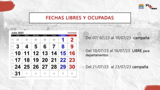FECHAS LIBRES Y OCUPADAS
• Del 07/ 07/23 al 10/07/23 campaña
• Del 10/07/23 al 16/07/23 LIBRE para
departamentos
• Del 21/07/23 al 23/07/23 campaña
 