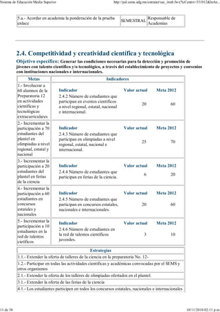 Sistema de Educación Media Superior                                   http://pal.sems.udg.mx/extranet/sac_itrab.fwx?lcCentro=331012&lnAn...



           5.a.- Acordar en academia la ponderación de la prueba                             Responsable de
                                                                            SEMESTRAL
           enlace                                                                            Academias




           2.4. Competitividad y creatividad científica y tecnológica
           Objetivo específico: Generar las condiciones necesarias para la detección y promoción de
           jóvenes con talento científico y/o tecnológico, a través del establecimiento de proyectos y convenios
           con instituciones nacionales e internacionales.
                 Metas                                            Indicadores
           1.- Involucrar a
           60 alumnos de la           Indicador                              Valor actual        Meta 2012
           Preparatoria 12            2.4.2 Número de estudiantes que
           en actividades             participan en eventos científicos
           científicas y                                                                20                60
                                      a nivel regional, estatal, nacional
           tecnológicas               e internacional.
           extracurriculares
           2.- Incrementar la
           participación a 70         Indicador                              Valor actual        Meta 2012
           estudiantes del            2.4.3 Número de estudiantes que
           plantel en                 participan en olimpiadas a nivel
           olimpiadas a nivel                                                           25                70
                                      regional, estatal, nacional e
           regional, estatal y        internacional.
           nacional
           3.- Incrementar la
           participación a 20         Indicador                              Valor actual        Meta 2012
           estudiantes del            2.4.4 Número de estudiantes que
           plantel en ferias                                                             6                20
                                      participan en ferias de la ciencia.
           de la ciencia
           4.- Incrementar la
           participación a 60         Indicador                              Valor actual        Meta 2012
           estudiantes en             2.4.5 Número de estudiantes que
           concursos                  participan en concursos estatales,                20                60
           estatales y                nacionales e internacionales.
           nacionales
           5.- Incrementar la         Indicador                              Valor actual        Meta 2012
           participación a 10
           estudiantes en la          2.4.6 Número de estudiantes en
           red de talentos            la red de talentos científicos                     3                10
           cietíficos                 juveniles.

                                                       Estrategías
           1.1.- Extender la oferta de talleres de la ciencia en la preparatoria No. 12-
           1.2.- Participar en todas las actividades cientificas y académicas convocadas por el SEMS y
           otros organismos
           2.1.- Extender la oferta de los talleres de olimpiadas ofertados en el plantel.
           3.1.- Extender la oferta de las ferias de la ciencia
           4.1.- Los estudiantes participen en todos los concursos estatales, nacionales e internacionales



11 de 38                                                                                                             10/11/2010 02:11 p.m.
 