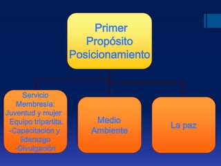 Primer
Propósito
Posicionamiento
Servicio
Membresía:
Juventud y mujer
Equipo tripartita.
-Capacitación y
liderazgo
-Divulgación
Medio
Ambiente
La paz
 