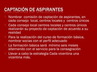 






Nombrar comisión de captación de aspirantes, en
cada consejo local, centros locales y centros únicos
Cada consejo local centros locales y centros únicos
realizarán su proyecto de captación de acuerdo a su
realidad
Para la realización del curso de formación básica,
nombrar socias con el perfil adecuado
La formación básica será mínimo seis meses
alternando con el servicio para la consagración
Llevar a cabo la estrategia Cada vicentina una
vicentina más.

 