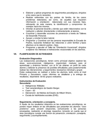  Elaborar y aplicar programas de seguimientos psicológicos, dirigidos
a los casos que lo necesiten.
 Realizar entrevistas con los padres de familia, de los casos
problemas detectados, así como, de aquellos que requieren
información u orientación relacionada con sus menores hijos,
reforzando de esta manera, la identificación y compromiso de
manejos hacia los mismos.
 Orientar al personal docente y demás que estén relacionados con la
institución y afecten directamente o indirectamente al alumno.
 Coordinar y desarrollar acciones de prevención a través de Talleres
de Desarrollo Personal.
 Apoyar y orientar la labor tutorial.
 Programar y Coordinar con las persona responsables la Escuela de
Padres, buscando fortalecer las relaciones e unión familiar y lazos
afectivos en la relación padres –hijos.
 Programar y ejecutar el Taller de “Orientación Vocacional”, dirigidos
a explorar los intereses e inclinaciones vocacionales en los alumnos.
VII. PLANIFICACION DE ACTIVIDADES
Evaluación Diagnostica
Las evaluaciones psicológicas, tienen como principal objetivo explorar las
áreas socio-emocional, inteligencia, organicidad, madurez para el
aprendizaje y dinámica familiar, con el fin de obtener un perfil de cada
alumno y detectar la presencia de posibles dificultades, para posteriormente
realizar las intervenciones y seguimientos necesarios individual y grupal.
Estas evaluaciones se realizan a todos los alumnos, tanto como el nivel
Primario y Secundario; cuyos informes se detallaran y la entrega de
resultados, dependerá de los grupos evaluados.
Instrumentos de Evaluación
Secundaria:
 Inteligencias Múltiples
 Test caracterológico de Gastón Berger.
 Casm – 83
 Intervención de Hábitos de Estudio de Hilbert Wrenn.
 Escala de habilidades sociales (EHS).
Seguimiento, orientación y consejería.
A través de los resultados obtenidos en las evaluaciones psicológicas, se
pondrá mayor énfasis en las dificultades que presenten los alumnos “caso
problema”, para prevenir situaciones, comunicando a las personas
encargadas, realizando el abordaje respectivo; tomando en cuenta que el
área psicológica cumple una función de prevención, orientación ,consejería,
seguimiento y acompañamiento.
 