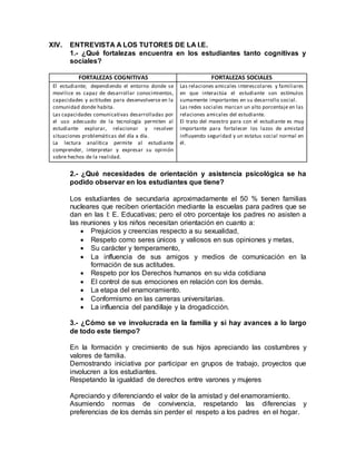 XIV. ENTREVISTA A LOS TUTORES DE LA I.E.
1.- ¿Qué fortalezas encuentra en los estudiantes tanto cognitivas y
sociales?
FORTALEZAS COGNITIVAS FORTALEZAS SOCIALES
El estudiante; dependiendo el entorno donde se
movilice es capaz de desarrollar conocimientos,
capacidades y actitudes para desenvolverse en la
comunidad donde habita.
Las capacidades comunicativas desarrolladas por
el uso adecuado de la tecnología permiten al
estudiante explorar, relacionar y resolver
situaciones problemáticas del día a día.
La lectura analítica permite al estudiante
comprender, interpretar y expresar su opinión
sobre hechos de la realidad.
Las relaciones amicales interescolares y familiares
en que interactúa el estudiante son estímulos
sumamente importantes en su desarrollo social.
Las redes sociales marcan un alto porcentaje en las
relaciones amicales del estudiante.
El trato del maestro para con el estudiante es muy
importante para fortalecer los lazos de amistad
influyendo seguridad y un estatus social normal en
él.
2.- ¿Qué necesidades de orientación y asistencia psicológica se ha
podido observar en los estudiantes que tiene?
Los estudiantes de secundaria aproximadamente el 50 % tienen familias
nucleares que reciben orientación mediante la escuelas para padres que se
dan en las I: E. Educativas; pero el otro porcentaje los padres no asisten a
las reuniones y los niños necesitan orientación en cuanto a:
 Prejuicios y creencias respecto a su sexualidad,
 Respeto como seres únicos y valiosos en sus opiniones y metas,
 Su carácter y temperamento,
 La influencia de sus amigos y medios de comunicación en la
formación de sus actitudes.
 Respeto por los Derechos humanos en su vida cotidiana
 El control de sus emociones en relación con los demás.
 La etapa del enamoramiento.
 Conformismo en las carreras universitarias.
 La influencia del pandillaje y la drogadicción.
3.- ¿Cómo se ve involucrada en la familia y si hay avances a lo largo
de todo este tiempo?
En la formación y crecimiento de sus hijos apreciando las costumbres y
valores de familia.
Demostrando iniciativa por participar en grupos de trabajo, proyectos que
involucren a los estudiantes.
Respetando la igualdad de derechos entre varones y mujeres
Apreciando y diferenciando el valor de la amistad y del enamoramiento.
Asumiendo normas de convivencia, respetando las diferencias y
preferencias de los demás sin perder el respeto a los padres en el hogar.
 