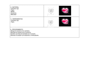 2.- MATERIAL
-Cartulina roja
-Tijera
-Molde
-Escarcha
-Marcador


3.- HERRAMIENTAS
-Cartulina roja
-Tijera




4.- PROCEDIMIENTO
-Dibujar el corazón en la cartulina.
-Recortar el corazón por el contorno.
-Escribir una frase de amistad en el corazón.
-Decorar el corazón con escarcha o nmarcadores.
 