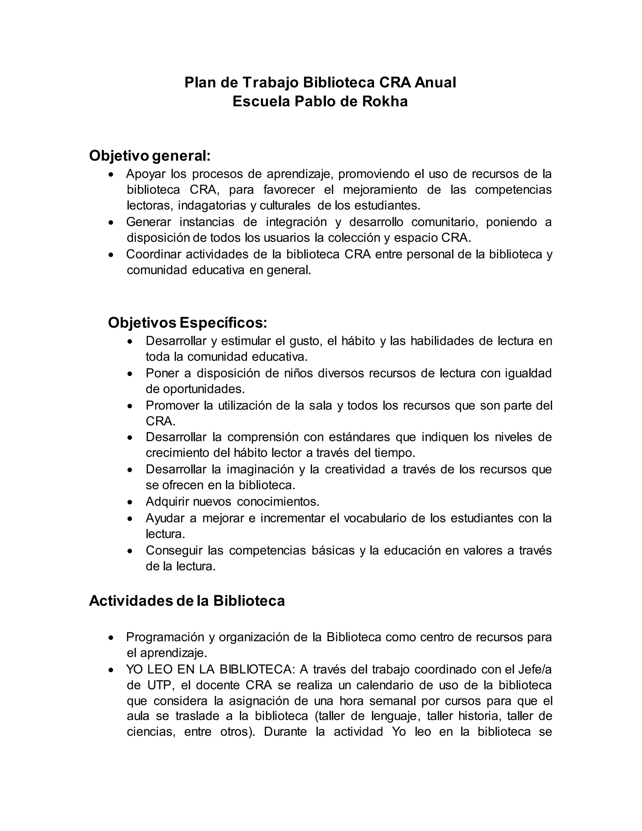 Plan de trabajo biblioteca cra anual | DOC