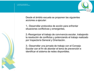 V. ACCIONES A IMPLEMENTAR
(acciones sugeridas desde Educación)

Desde el ámbito escuela se proponen las siguientes
acciones a ejecutar:
1.- Desarrollar protocolos de acción para enfrentar
situaciones conflictivas y emergentes.
2.-Reorganizar el trabajo de convivencia escolar, trabajando
la resolución de conflictos y potenciando el trabajo realizado
por Inspectoría General y Orientación.
3.- Desarrollar una jornada de trabajo con el Consejo
Escolar con el fin de abordar el tema de prevención e
identificar el sistema de redes disponibles.

SUB - TÍTULO POWER POINT

 