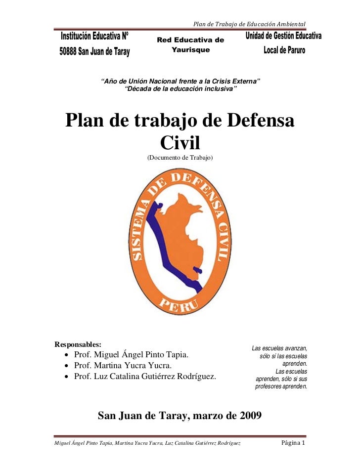 Plan De Trabajo De Defensa Civil 2009 Plan De Trabajo De Defensa Civil 2009