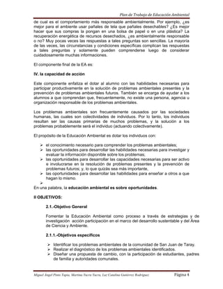 Plan De Trabajo De Educacion Ambiental 2009