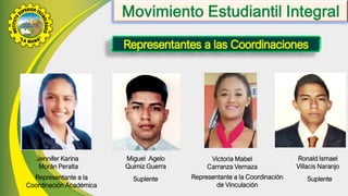 Jennifer Karina
Morán Peralta
Miguel Agelo
Quimiz Guerra
Ronald Ismael
Villacis Naranjo
Victoria Mabel
Carranza Vernaza
Representante a la
Coordinación Académica
Suplente Representante a la Coordinación
de Vinculación
Suplente
 