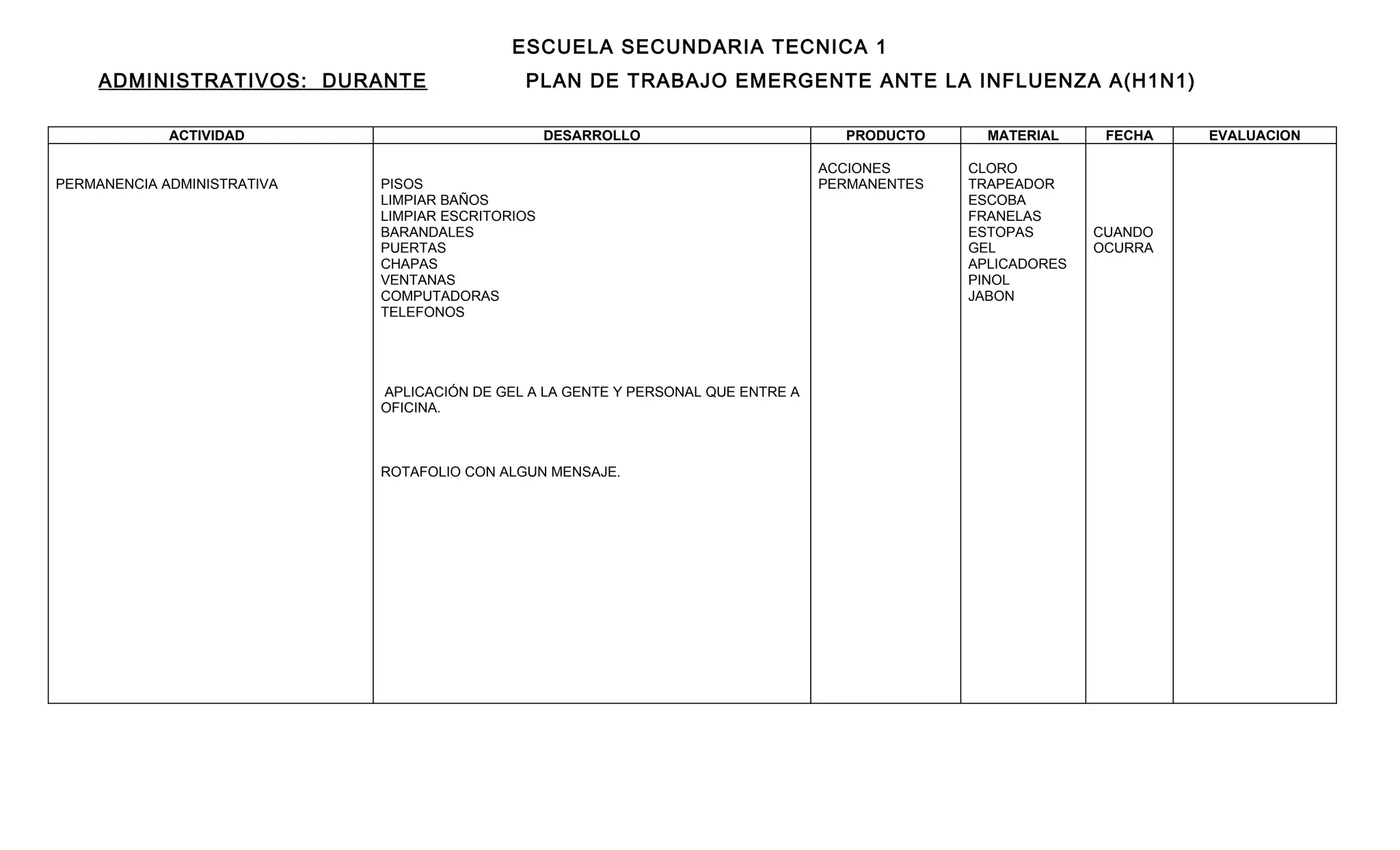 ESCUELA SECUNDARIA TECNICA 1
     ADMINISTRATIVOS: DURANTE                 PLAN DE TRABAJO EMERGENTE ANTE LA INFLUENZA A(H1N1)

             ACTIVIDAD                             DESARROLLO                        PRODUCTO      MATERIAL     FECHA   EVALUACION

                                                                                   ACCIONES      CLORO
PERMANENCIA ADMINISTRATIVA   PISOS                                                 PERMANENTES   TRAPEADOR
                             LIMPIAR BAÑOS                                                       ESCOBA
                             LIMPIAR ESCRITORIOS                                                 FRANELAS
                             BARANDALES                                                          ESTOPAS       CUANDO
                             PUERTAS                                                             GEL           OCURRA
                             CHAPAS                                                              APLICADORES
                             VENTANAS                                                            PINOL
                             COMPUTADORAS                                                        JABON
                             TELEFONOS




                             APLICACIÓN DE GEL A LA GENTE Y PERSONAL QUE ENTRE A
                             OFICINA.



                             ROTAFOLIO CON ALGUN MENSAJE.
 