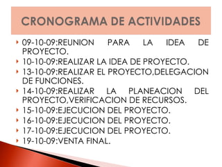 09-10-09:REUNION PARA LA IDEA DE PROYECTO. 10-10-09:REALIZAR LA IDEA DE PROYECTO. 13-10-09:REALIZAR EL PROYECTO,DELEGACION DE FUNCIONES.  14-10-09:REALIZAR LA PLANEACION DEL PROYECTO,VERIFICACION DE RECURSOS. 15-10-09:EJECUCION DEL PROYECTO. 16-10-09:EJECUCION DEL PROYECTO. 17-10-09:EJECUCION DEL PROYECTO. 19-10-09:VENTA FINAL. 