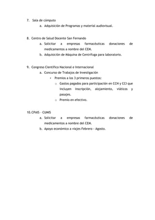 7. Sala de cómputo
a. Adquisición de Programas y material audiovisual.

8. Centro de Salud Docente San Fernando
a. Solicitar

a

empresas

farmacéuticas

donaciones

de

medicamentos a nombre del CEM.
b. Adquisición de Máquina de Centrífuga para laboratorio.

9. Congreso Científico Nacional e Internacional
a. Concurso de Trabajos de Investigación
•

Premios a los 3 primeros puestos:
o Gastos pagados para participación en CCN y CCI que
incluyen

inscripción,

alojamiento,

viáticos

y

pasajes.
o Premio en efectivo.

10. CPAIS – CUMIS
a. Solicitar

a

empresas

farmacéuticas

medicamentos a nombre del CEM.
b. Apoyo económico a viajes Febrero - Agosto.

donaciones

de

 