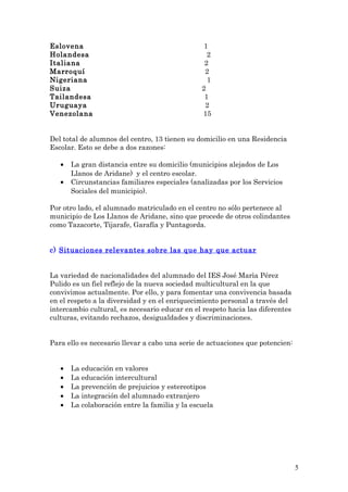 Eslovena 1
Holandesa 2
Italiana 2
Marroquí 2
Nigeriana 1
Suiza 2
Tailandesa 1
Uruguaya 2
Venezolana 15
Del total de alumnos del centro, 13 tienen su domicilio en una Residencia
Escolar. Esto se debe a dos razones:
• La gran distancia entre su domicilio (municipios alejados de Los
Llanos de Aridane) y el centro escolar.
• Circunstancias familiares especiales (analizadas por los Servicios
Sociales del municipio).
Por otro lado, el alumnado matriculado en el centro no sólo pertenece al
municipio de Los Llanos de Aridane, sino que procede de otros colindantes
como Tazacorte, Tijarafe, Garafía y Puntagorda.
c) Situaciones relevantes sobre las que hay que actuar
La variedad de nacionalidades del alumnado del IES José Marìa Pérez
Pulido es un fiel reflejo de la nueva sociedad multicultural en la que
convivimos actualmente. Por ello, y para fomentar una convivencia basada
en el respeto a la diversidad y en el enriquecimiento personal a través del
intercambio cultural, es necesario educar en el respeto hacia las diferentes
culturas, evitando rechazos, desigualdades y discriminaciones.
Para ello es necesario llevar a cabo una serie de actuaciones que potencien:
• La educación en valores
• La educación intercultural
• La prevención de prejuicios y estereotipos
• La integración del alumnado extranjero
• La colaboración entre la familia y la escuela
5
 