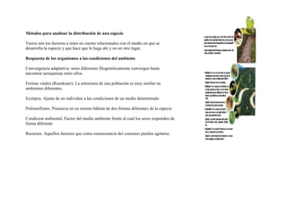 Métodos para analizar la distribución de una especie

Varios son los factores a tener en cuenta relacionados con el medio en que se
desarrolla la especie y que hace que lo haga ahí y no en otro lugar.

Respuesta de los organismos a las condiciones del ambiente

Convergencia adaptativa: seres diferentes filogenéticamente convergen hasta
encontrar semejanzas entre ellos.

Formas vitales (Raunkiaer). La estructura de una población es muy similar en
ambientes diferentes.

Ecotipos. Ajuste de un individuo a las condiciones de un medio determinado

Polimorfismo. Presencia en un mismo hábitat de dos formas diferentes de la especie

Condicion ambiental. Factor del medio ambiente frente al cual los seres responden de
forma diferente

Recursos. Aquellos factores que como consecuencia del consumo pueden agotarse.
 