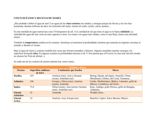 CINCO OCÉANOS Y DECENAS DE MARES

¿Has probado a beber el agua de mar? Las aguas de los cinco océanos son saladas y amargas porque las lluvias y los ríos han
arrastrado, durante millones de años, los minerales del suelo: cloruro de sodio, azufre, calcio, potasio…

En una tonelada de agua marina hay unos 35 kilogramos de sal. A la cantidad de sal que tiene el agua se le llama salinidad. La
salinidad del agua del mar varía de unas regiones a otras. Los mares con aguas más cálidas, como el mar Rojo, tienen una salinidad
mayor.

También la temperatura cambia en los océanos: disminuye al aumentar la profundidad, mientras que aumenta en regiones cercanas al
ecuador y durante el verano.

Bajo el agua de mares y océanos también hay rocas que forman montañas y llanuras. Algunas montañas marinas emergen a la
superficie formando islas. En algunos océanos la profundidad máxima es de 11 km (piensa que el Everest, la cima más alta del mundo,
no alcanza los 9 km de altitud...).

En cada uno de los océanos de nuestro planeta hay varios mares.

                                                        Océanos y mares
   Océano       Superficie (millones          Continentes que bordea                                   Mares
                     de km²)
Pacífico        165                  América (este), Asia y Oceanía             Bering, Ojotsk, del Japón, Amarillo, China
                                     (oeste), Antártida (sur)                   Meridional, Célebes, del Coral, Tasmania...
Atlántico       106                  Europa y África (este), América            Caribe, Mediterráneo, Báltico, Labrador, golfo de
                                     (oeste), Antártida                         México, Cantábrico, del Norte...
Índico          73,4                 África (oeste), Asia (norte), Oceanía      Rojo, Arábigo, golfo Pérsico, golfo de Bengala,
                                     (este), Antártida (sur)                    Andamán...
Glacial         32                   Antártida                                  Weddel, Ross...
Antártico
Glacial         14                      América, Asia, Europa (sur)             Beaufort, Laptev, Kara, Barents, Blanco...
Ártico
 