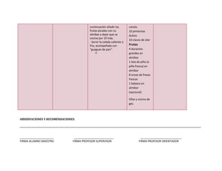 continuación añadir las             canela
                                                                frutas picadas con su               10 pimientas
                                                                almíbar y dejar que se              dulces
                                                                cocine por 15’más.
                                                                                                    10 clavos de olor
                                                                - Servir la colada caliente o
                                                                fría, acompañada con                Frutas
                                                                “guaguas de pan”.                   4 duraznos
                                                                                                   grandes en
                                                                                                    almíbar
                                                                                                    1 lata de piña (o
                                                                                                    piña fresca) en
                                                                                                    almíbar
                                                                                                    8 onzas de fresas
                                                                                                    frescas
                                                                                                    1 babaco en
                                                                                                    almíbar
                                                                                                    (opcional)

                                                                                                    Ollas y cocina de
                                                                                                    gas.




OBSERVACIONES Y RECOMENDACIONES:

_______________________________________________________________________________________________________________________________________________________________________


______________________                           __________________________                                   ___________________________
FIRMA ALUMNO MAESTRO                            FIRMA PROFESOR SUPERVISOR                                    FIRMA PROFESOR ORIENTADOR
 