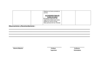 Realizar en forma correcta la
                                       carrera.

                                          ACTIVIDADES FINALES
                                             Vuelta a la calma
                                       R .Realizar ejercicios del
                                       reglamento desde pies hasta
                                       cabeza en forma circular
                                       Aseo personal de los niños/as

Observaciones y Recomendaciones :
_____________________________________________________________________________________________
_____________________________________________________________________________________________
_____________________________________________________________________________________________
_____________________________________________________________________________________________




    ________________                         _____________________     _____________________
     Alumno Maestro                                Profesor                  Profesora
                                                  Supervisor                 Orientadora
 