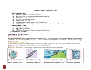 PLAN DE TRABAJO SIMULTÁNEO N° 60

        1. DATOS INFORMATIVOS:
            1.1.    INSTITUCIÓN: Escuela “Vicente de la Carrera””
            1.2.    ESTUDIANTE MAESTRO: Gabriel Santiago Castillo Imbaquingo
            1.3.    DIRECTORA: Lic. Sandra Guerra
            1.4.    SUPERVISOR: Dr. Arturo Espinoza.
            1.5.    AÑO LECTIVO: 2011-2012
            1.6.    FECHA DE REALIZACIÓN: JUEVES 15 de Diciembre 2011
            1.7.    UBICACIÓN: Provincia: Carchi Cantón: Mira Parroquia: Jacinto Jijón y Caamaño Comunidad: Río Verde
        2. DATOS CURRICULARES:
            2.1.    ÁREA: Estudios Sociales
            2.2.    MÉTODO/S: Comparativo
            2.3.    TÉCNICA/S: Observación indirecta, interrogatorio, lluvia de ideas.
        3. INFORMACIÓN CIENTÍFICA:
     QUINTO AÑO DE EDUCACIÓN BÁSICA
     Clima de nuestro planeta
     Diferencia entre tiempo y clima
     El estado de la atmósfera cambia constantemente. Hay cambios bruscos que suceden en horas, y procesos largos que duran cientos o miles de
     años. Tiempo. Es el estado de la atmósfera en un lugar y momento determinado. Clima. Es el estado promedio de la atmósfera durante un largo
     período de tiempo.
     ¿Podemos poner un ejemplo de esto?
     Si observamos los tipos de tiempo más frecuentes y su distribución en el año, sabremos cuál es el clima de esa región. Pero, para conocer a
     profundidad el clima de esa zona, necesitamos estudiar sus elementos principales.
     Elementos del clima
     El clima tiene, principalmente, cuatro elementos: vientos, temperatura, precipitaciones y presión atmosférica.
     Vientos                             Temperatura                       Precipitaciones                             Presión atmosférica




     Son los movimientos del aire en   Es la cantidad de calor en la     Son fenómenos que ocurren cuando el          Es la fuerza que ejerce la
     la atmósfera, producidos por la   atmósfera, la cual depende de     agua cae por efecto de la gravedad, luego    atmósfera en todas las
     presión. Se conocen como          la energía que atrapa del Sol y   de que las partículas de agua se enfrían y   direcciones, debido a las



17
 