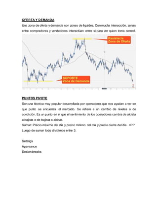 OFERTA Y DEMANDA
Una zona de oferta y demanda son zonas de liquidez. Con mucha interacción, zonas
entre compradores y vendedores interactúan entre si para ver quien toma control.
PUNTOS PIVOTE
Son una técnica muy popular desarrollada por operadores que nos ayudan a ver en
que punto se encuentra el mercado. Se refiere a un cambio de niveles o de
condición. Es un punto en el que el sentimiento de los operadores cambia de alcista
a bajista o de bajista a alcista.
Sumar: Precio máximo del día y precio mínimo del día y precio cierre del día. =PP
Luego de sumar todo dividimos entre 3.
Settings
Apareance
Sesion breaks
 