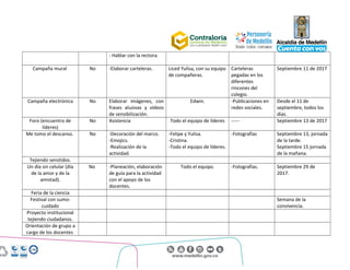 Centro Administrativo Municipal (CAM)
Calle 44 No. 52 - 165. Código Postal 50015
Línea Única de Atención Ciudadanía 44 44 144
Conmutador 385 5555. www.medellin.gov.co
- Hablar con la rectora.
Campaña mural No -Elaborar carteleras. Liced Yulisa, con su equipo
de compañeras.
Carteleras
pegadas en los
diferentes
rincones del
colegio.
Septiembre 11 de 2017
Campaña electrónica No Elaborar imágenes, con
frases alusivas y videos
de sensibilización.
Edwin. -Publicaciones en
redes sociales.
Desde el 11 de
septiembre, todos los
días.
Foro (encuentro de
líderes)
No Asistencia Todo el equipo de líderes ----- Septiembre 13 de 2017
Me tomo el descanso. No -Decoración del marco.
-Emojics.
-Realización de la
actividad.
-Felipe y Yulisa.
-Cristina.
-Todo el equipo de líderes.
-Fotografías Septiembre 13, jornada
de la tarde.
Septiembre 15 jornada
de la mañana.
Tejiendo senstidos.
Un día sin celular (día
de la amor y de la
amistad).
No -Planeación, elaboración
de guía para la actividad
con el apoyo de los
docentes.
Todo el equipo. -Fotografías. Septiembre 29 de
2017.
Feria de la ciencia
Festival con sumo-
cuidado
Semana de la
convivencia.
Proyecto institucional
tejiendo ciudadanos.
Orientación de grupo a
cargo de los docentes
 