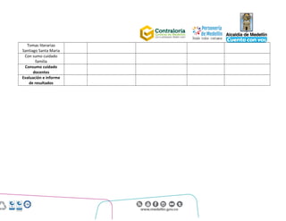 Centro Administrativo Municipal (CAM)
Calle 44 No. 52 - 165. Código Postal 50015
Línea Única de Atención Ciudadanía 44 44 144
Conmutador 385 5555. www.medellin.gov.co
Tomas literarias
Santiago Santa Maria
Con sumo cuidado
familia
Consumo cuidado
docentes
Evaluación e informe
de resultados
 