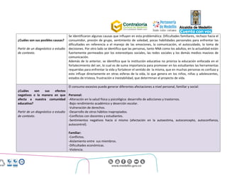 Centro Administrativo Municipal (CAM)
Calle 44 No. 52 - 165. Código Postal 50015
Línea Única de Atención Ciudadanía 44 44 144
Conmutador 385 5555. www.medellin.gov.co
¿Cuáles son sus posibles causas?
Partir de un diagnóstico o estudio
de contexto.
Se identificaron algunas causas que influyen en esta problemática: Dificultades familiares, rechazo hacia el
consumidor, presión de grupo, sentimiento de soledad, pocas habilidades personales para enfrentar las
dificultades en referencia a el manejo de las emociones, la comunicación, el autocuidado, la toma de
decisiones. Por otro lado se identifica que las personas, tanto NNA como los adultos, en la actualidad están
fuertemente permeados por los estereotipos sociales, las redes sociales y los demás medios masivos de
comunicación.
Además de lo anterior, se identifica que la institución educativa no prioriza la educación enfocada en el
fortalecimiento del ser, lo cual es de suma importancia para promover en los estudiantes las herramientas
requeridas para enfrentar la vida y fortalecer el sentido de la misma, que en muchas personas es confuso y
esto influye directamente en otras esferas de la vida, lo que genera en los niños, niñas y adolescentes,
estados de tristeza, frustración e inestabilidad, que determinan el proyecto de vida.
¿Cuáles son sus efectos
negativos o la manera en que
afecta a nuestra comunidad
educativa?
Partir de un diagnóstico o estudio
de contexto.
El consumo excesivo puede generar diferentes afectaciones a nivel personal, familiar y social:
Personal:
-Alteración en la salud física y psicológica: desarrollo de adicciones y trastornos.
-Bajo rendimiento académico y deserción escolar.
-Vulneración de derechos.
-Desarrollo de otros hábitos inapropiados.
-Conflictos con docentes y estudiantes.
-Sentimientos negativos hacia sí mismo (afectación en la autoestima, autoconcepto, autoconfianza,
autocontrol).
Familiar:
-Conflictos.
-Aislamiento entre sus miembros.
-Dificultades económicas.
-Violencia.
 