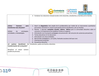 Centro Administrativo Municipal (CAM)
Calle 44 No. 52 - 165. Código Postal 50015
Línea Única de Atención Ciudadanía 44 44 144
Conmutador 385 5555. www.medellin.gov.co
 Fortalecer las relaciones interpersonales entre docentes, estudiantes y miembros de la familia.
¿Cómo haremos para
transformar esta situación?
Señalar las estrategias,
actividades y metodologías.
1. Hacer un diagnóstico más amplio de la problemática por medio de un instrumento cuantitativo
(encuesta), teniendo en cuenta la percepción de los estudiantes y de sus familias.
2. Planear y ejecutar campañas visuales, talleres lúdicos para la comunidad educativa sobre el
consumo y la importancia de establecer límites al respecto.
3. Articulación con el proyecto pedagógico de prevención del consumo de sustancias psicoactivas.
4. Tomas educativas en los descansos.
5. Articulación con otras entidades.
6. Bienvenidas pedagógicas, carruseles, festivales escolares del buen vivir.
7. Orientaciones de grupo.
8. Encuentros literarios.
¿A quiénes beneficiará la
transformación de la situación?
Beneficiar al mayor número
posible de personas.
Estudiantes, padres de familia y docentes.
 