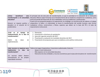 Centro Administrativo Municipal (CAM)
Calle 44 No. 52 - 165. Código Postal 50015
Línea Única de Atención Ciudadanía 44 44 144
Conmutador 385 5555. www.medellin.gov.co
¿Cómo beneficiará esta
transformación a mi comunidad
educativa?
Generar un impacto positivo y
duradero en la solución de la
problemática.
El principal reto de este plan de transformación, es que la prioridad en la educación de la Institución
Educativa Alfonso López Pumarejo sea el fortalecimiento del ser desde las competencias ciudadanas, como
punto de partida del desarrollo de otras habilidades como las académicas y profesionales.
A partir de una propuesta basada en lo experiencial, en el diálogo y la reconstrucción de saberes, el trabajo
cooperativo, la lúdica y la afectividad, se busca la transformación del sentido humano, para formar
ciudadanos críticos, constructivos y felices, aspectos que deben ser la base del PEI y el plan de
mejoramiento institucional.
¿Cuál es el tiempo de
implementación de la idea de
transformación?
Definir las fases de
implementación.
1. Planeación.
2. Presentación a directivos y/o aprobación.
3. Ejecución segundo semestre del 2017.
4. Presentación y evaluación de resultados diciembre del 2017.
5. Presentación de propuesta para que se establezca como política institucional.
¿Qué recursos se requieren para
implementar la idea de
transformación?
Los recursos deben basarse
esencialmente en las propias
capacidades humanas.
Talleres de Juegos Cooperativos, Creacciones audiovisuales, Guías etc.
- Apoyo a nivel institucional.
- Más espacios con la comunidad educativa.
- Patrocinio de otras entidades y recursos económicos para la ejecución de planes de transformación
 