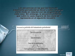 Las secuencias en las que las fases del
tratamiento periodontal se llevan a cobo varían en
   cierto modo en relación con las exigencias de
  cada caso. Sin embargo, la secuencia preferida
    que cubre la vasta mayoría de los casos se
        representa en el siguiente recuadro.
 