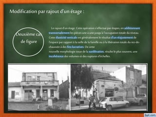 Deuxième cas
de figure
Modification par rajout d’un étage:
Le rajout d’un étage. Cetteopération s’effectue par étapes, en additionnant
transversalement les pièces uneà unejusqu’à l’occupation totale duniveau.
Cette élasticité verticale est généralement le résultatd’unréajustement de
l’espace par rapport à la taille de la famille ou à la libération totale du rez-de-
chaussée à des fins lucratives. De cette
nouvelle morphologie issue dela surélévation, résulte le plus souvent, une
incohérencedes volumeset des ruptures d’échelles.
 