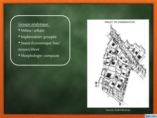 Groupe analytique :
•Milieu : urbain
•Implantation: groupée
•Statut économique: bas/
moyen/élevé
•Morphologie: compacte
Source: André Ravérau
 