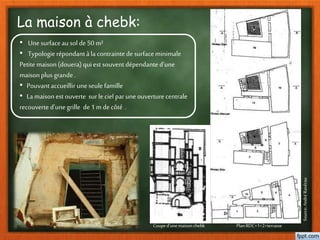 La maison à chebk:
• Une surfaceausol de50 m²
• Typologierépondantàla contraintedesurfaceminimale
Petitemaison(douera) quiest souventdépendanted’une
maisonplus grande.
• Pouvantaccueillir uneseule famille
• Lamaisonest ouverte sur leciel paruneouverturecentrale
recouverted’unegrille de1m de côté .
PlanRDC+1+2+terrasseCouped’unemaisonchebk
Source:AndréRavérau
 