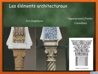 Les éléments architecturaux
Les chapiteaux
Appartenant à l’ordre
Corinthien
 
