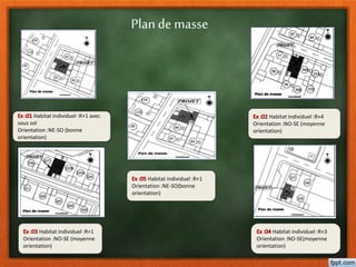 Habitat individuel :R+1 avec
sous sol
Orientation :NE-SO (bonne
orientation)
Habitat individuel :R+4
Orientation :NO-SE (moyenne
orientation)
Habitat individuel :R+1
Orientation :NO-SE (moyenne
orientation)
Habitat individuel :R+3
Orientation :NO-SE(moyenne
orientation)
Habitat individuel :R+1
Orientation :NE-SO(bonne
orientation)
Plande masse
 